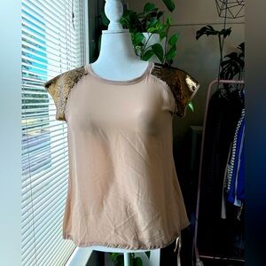 Holiday Party Top! Cap sleeve sheer top with gold sequins.